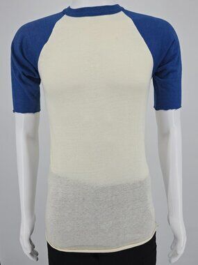 Distressed Vintage 1980s Sneakers Ivory/Blue Blank Raglan Sleeve Baseball Tee -S
